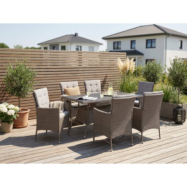 KONIFERA Garten-Essgruppe Mailand, (Set, 19-tlg., 6x Sessel, 6x Sitzauflagen, 6x Rückenauflagen, 1x Tisch), Tischplatte aus Sicherheitsglas, Staufläche unter de