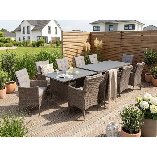 KONIFERA Garten-Essgruppe Mailand, (Set, 31-tlg., 10x Sessel, 1x AZ-Tisch 179-302 cm, inkl. Auflagen), Polyrattan, Stahl, Braun