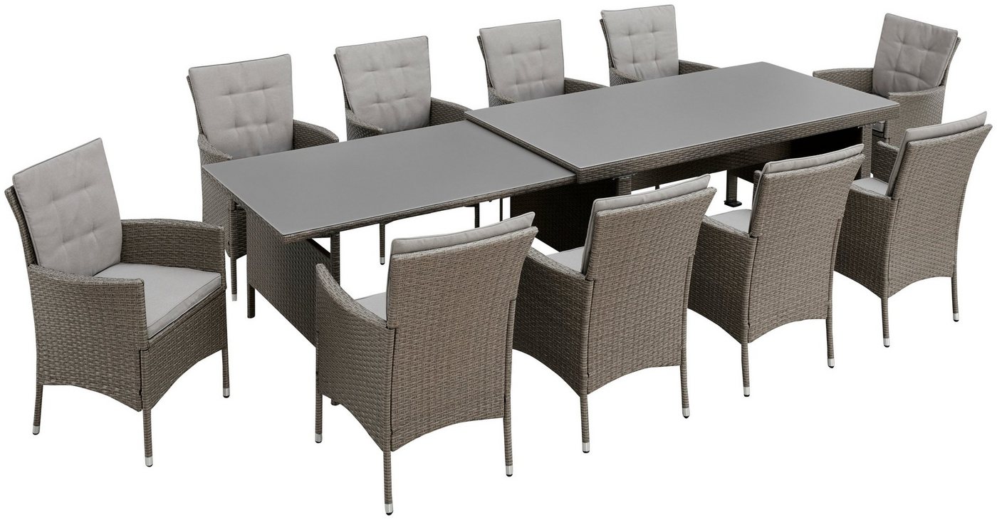 KONIFERA Garten-Essgruppe Mailand, (Set, 31-tlg., 10x Sessel, 1x AZ-Tisch 179-302 cm, inkl. Auflagen), Polyrattan, Stahl, Braun – Bild 2 von 5