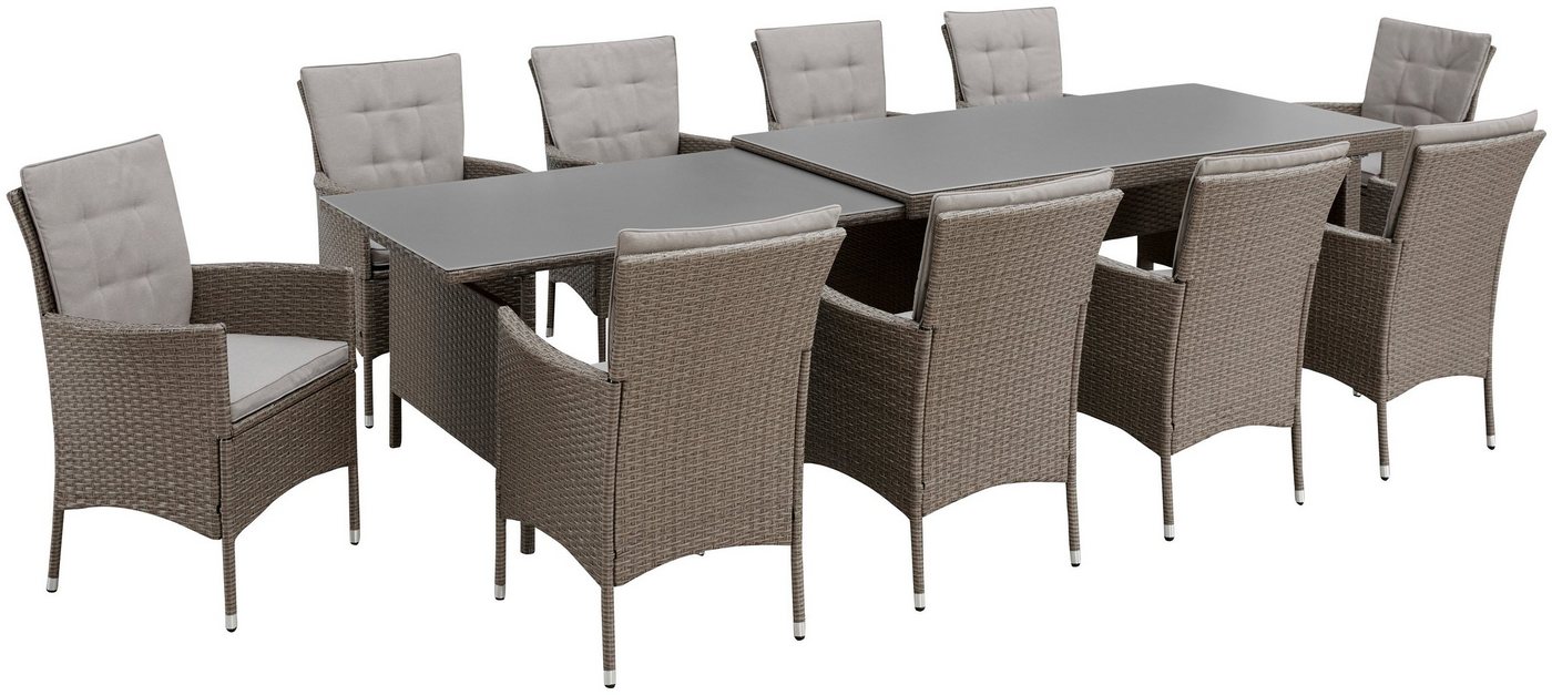 KONIFERA Garten-Essgruppe Mailand, (Set, 31-tlg., 10x Sessel, 1x AZ-Tisch 179-302 cm, inkl. Auflagen), Polyrattan, Stahl, Braun – Bild 3 von 5