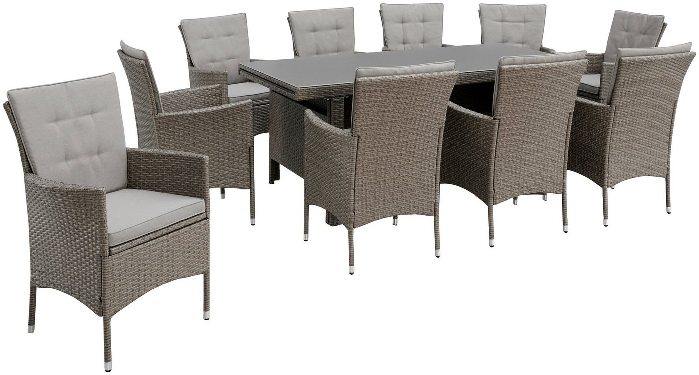 KONIFERA Garten-Essgruppe Mailand, (Set, 31-tlg., 10x Sessel, 1x AZ-Tisch 179-302 cm, inkl. Auflagen), Polyrattan, Stahl, Braun – Bild 4 von 5