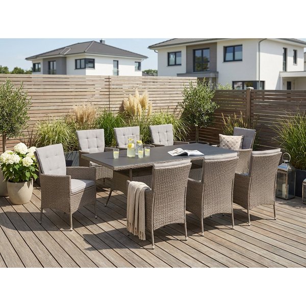 KONIFERA Garten-Essgruppe Mailand, (Set, 25-tlg., 8x Sessel, 8x Sitzauflage, 8x Rückenauflage, 1x Tisch), Polyrattan, verzinkter Stahl, Ablagefläche unter der T