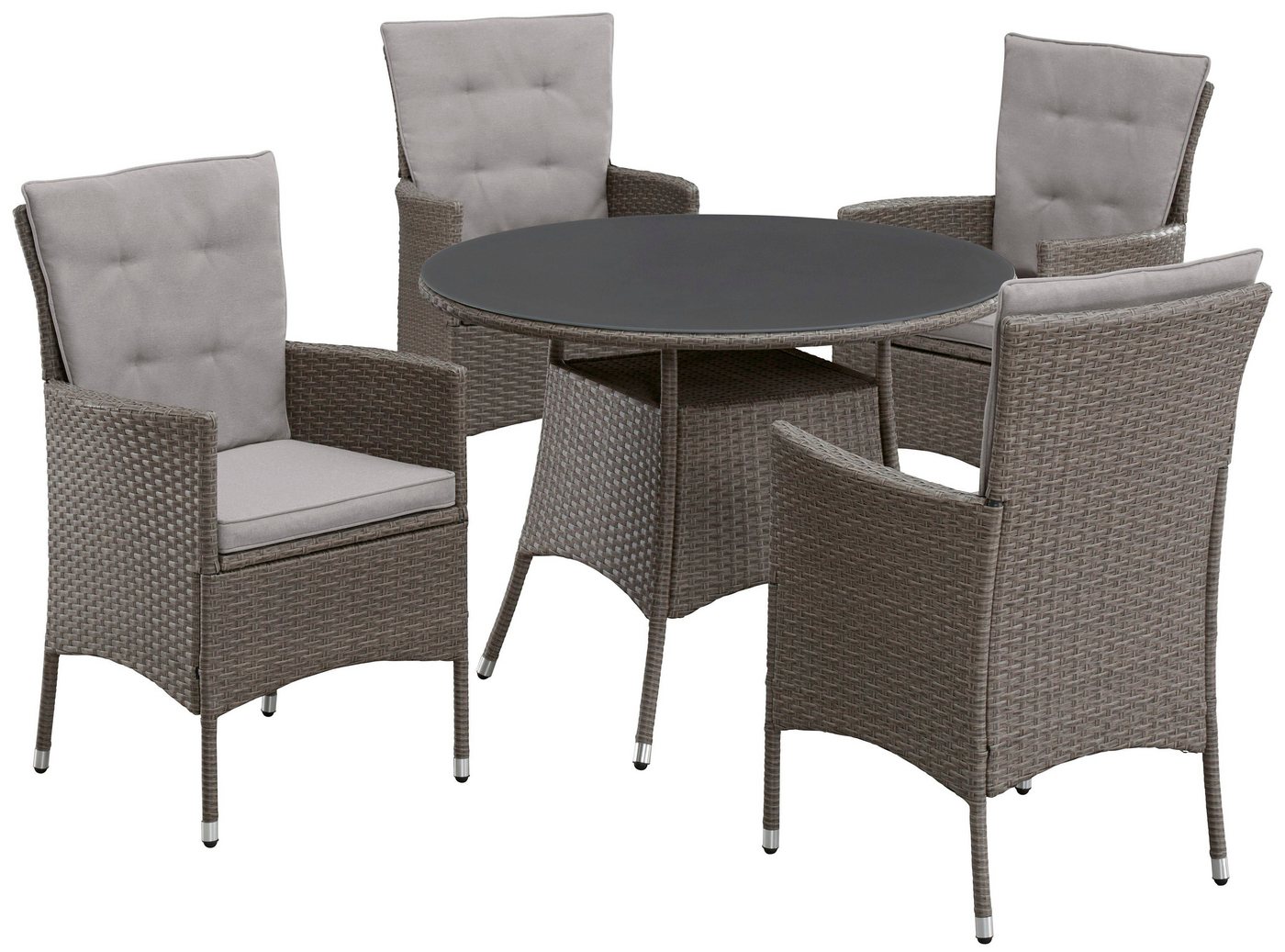 KONIFERA Garten-Essgruppe Mailand, (Set, 13-tlg., 4 Sessel, Tisch Ø 100 cm, inkl. Auflagen), Polyrattan, Stahl, Braun, Tischplatte aus Sicherheitsglas – Bild 2 von 5
