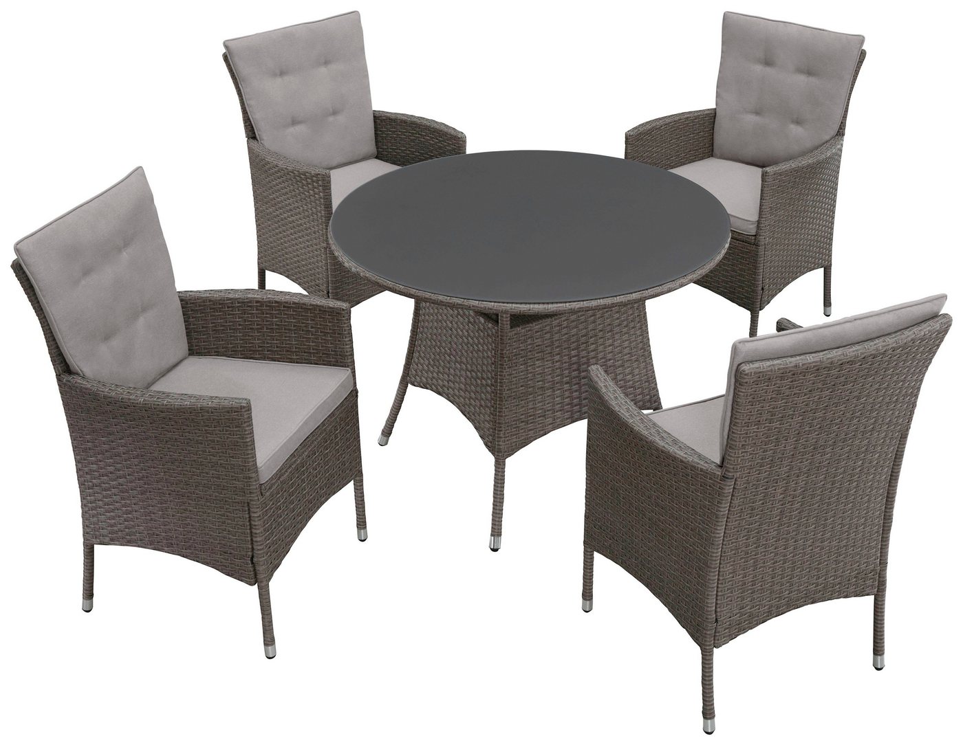 KONIFERA Garten-Essgruppe Mailand, (Set, 13-tlg., 4 Sessel, Tisch Ø 100 cm, inkl. Auflagen), Polyrattan, Stahl, Braun, Tischplatte aus Sicherheitsglas – Bild 3 von 5