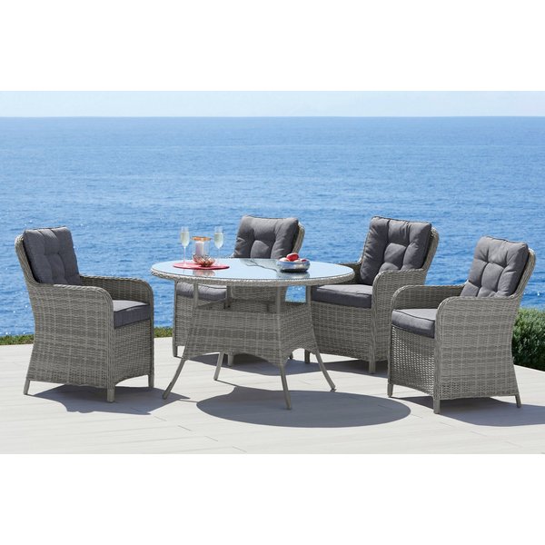 KONIFERA Garten-Essgruppe Menorca, (Set, 13-tlg., 4x Sessel, 1x Tisch ØxH: 120x75cm, inkl. Auflagen), Polyrattan, Aluminium, Tischplatte aus 5mm starkem Sicherh