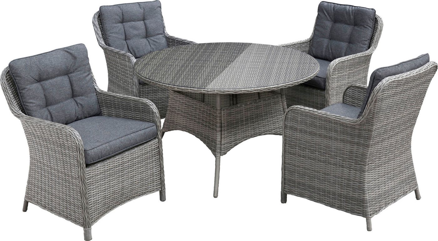 KONIFERA Garten-Essgruppe Menorca, (Set, 13-tlg., 4x Sessel, 1x Tisch ØxH: 120x75cm, inkl. Auflagen), Polyrattan, Aluminium, Tischplatte aus 5mm starkem Sicherh – Bild 2 von 5