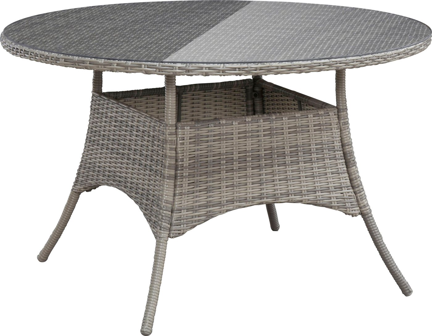 KONIFERA Garten-Essgruppe Menorca, (Set, 13-tlg., 4x Sessel, 1x Tisch ØxH: 120x75cm, inkl. Auflagen), Polyrattan, Aluminium, Tischplatte aus 5mm starkem Sicherh – Bild 4 von 5