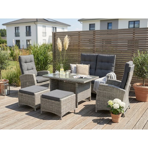 KONIFERA Garten-Essgruppe Monaco, (Set, 16-tlg., 1x2er Sofa, 2x Sessel, 2x Hocker, 1x Tisch 120x70x66cm, inkl. Auflagen), Polyrattan, Aluminium, Rückenlehne ver