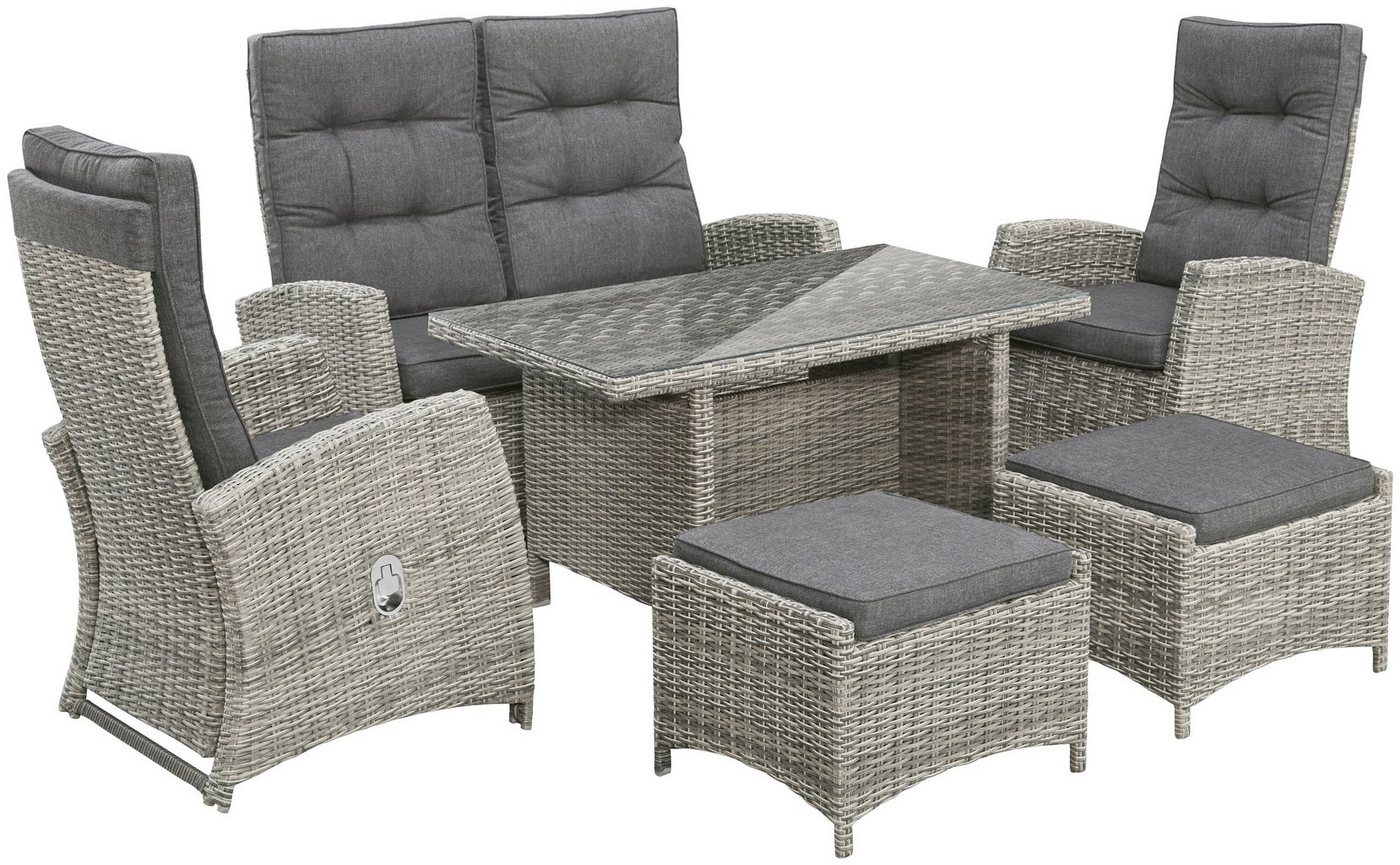 KONIFERA Garten-Essgruppe Monaco, (Set, 16-tlg., 1x2er Sofa, 2x Sessel, 2x Hocker, 1x Tisch 120x70x66cm, inkl. Auflagen), Polyrattan, Aluminium, Rückenlehne ver – Bild 2 von 5