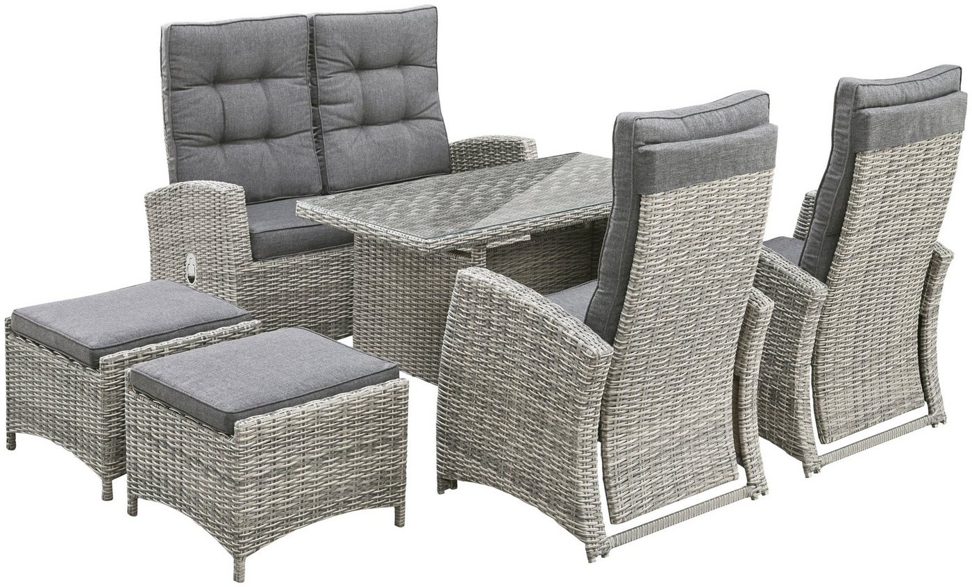 KONIFERA Garten-Essgruppe Monaco, (Set, 16-tlg., 1x2er Sofa, 2x Sessel, 2x Hocker, 1x Tisch 120x70x66cm, inkl. Auflagen), Polyrattan, Aluminium, Rückenlehne ver – Bild 4 von 5