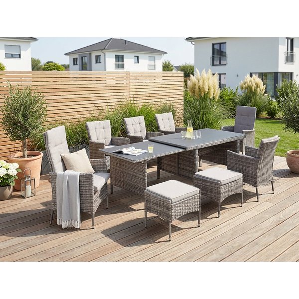 KONIFERA Garten-Essgruppe Parla, (Set, 21-tlg., 6xSessel, 1x AZ-Tisch 150-242,5cm,2x Hocker,inkl. Auflagen, Polyrattan), 2 der 6 Sessel sind verstellbar, Grau, 