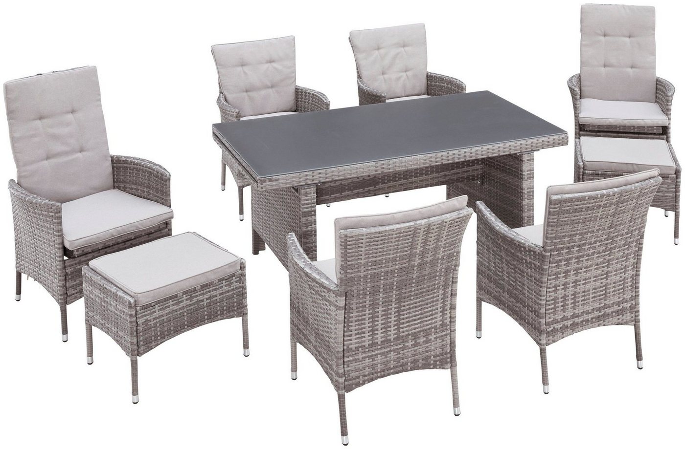 KONIFERA Garten-Essgruppe Parla, (Set, 21-tlg., 6xSessel, 1x AZ-Tisch 150-242,5cm,2x Hocker,inkl. Auflagen, Polyrattan), 2 der 6 Sessel sind verstellbar, Grau,  – Bild 2 von 5