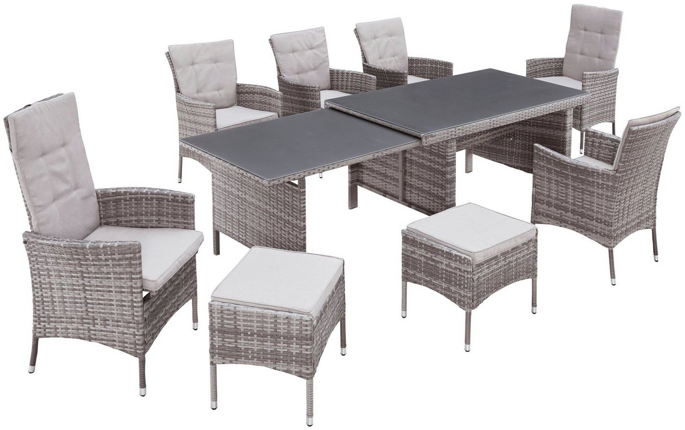 KONIFERA Garten-Essgruppe Parla, (Set, 21-tlg., 6xSessel, 1x AZ-Tisch 150-242,5cm,2x Hocker,inkl. Auflagen, Polyrattan), 2 der 6 Sessel sind verstellbar, Grau,  – Bild 3 von 5