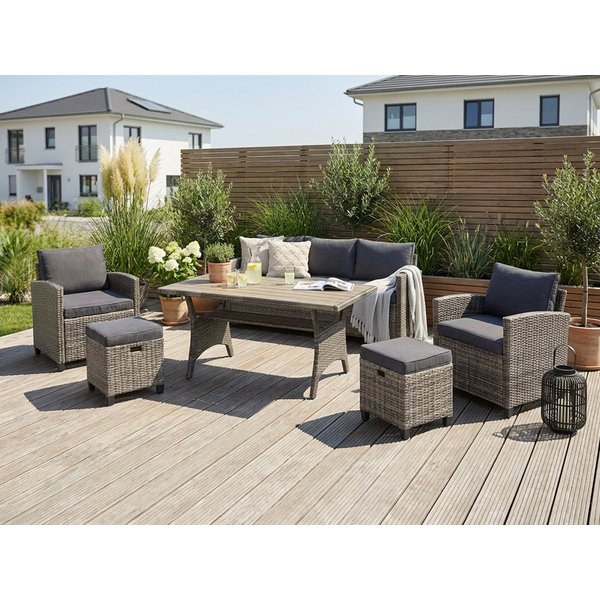 KONIFERA Gartenlounge-Set Amsterdam, (Set, 16-tlg., 1x 3er Sofa, 1x 2 Sessel, 2x Hocker, 1xTisch 144,5x74x67cm,Polyrattan), Stahl, Ablagefläche unter dem Tisch,