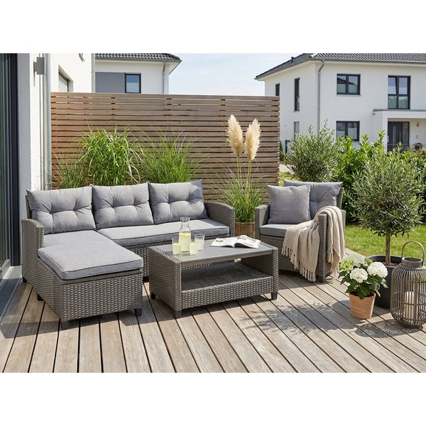 KONIFERA Gartenlounge-Set Cordoba, (Set, 11-tlg., 2x Bank, 1x Sessel, 1x Tisch 90x55x43cm, inkl. Auflagen), Polyratten, Stahl, Tischplatte aus Nonwood, geeignet