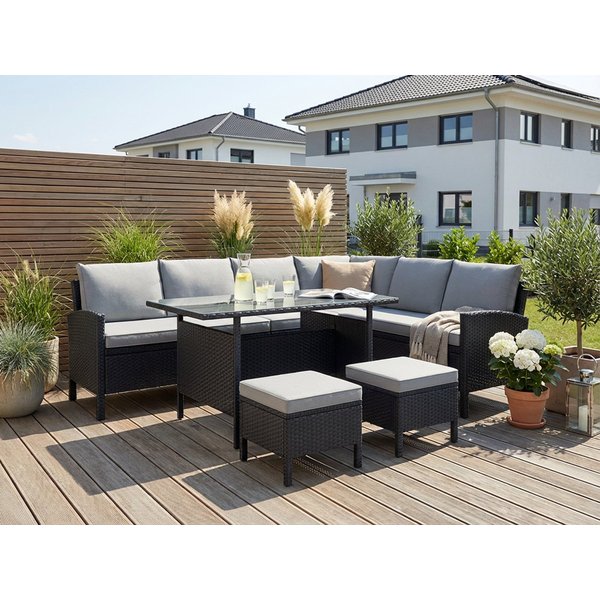 KONIFERA Gartenlounge-Set Manhatten, Gartenmöbel Set, (Set, 18-tlg., Ecklounge, Tisch 66x120x74 cm, 2 Hocker, inkl. Auflagen), Stahl/Polyrattan