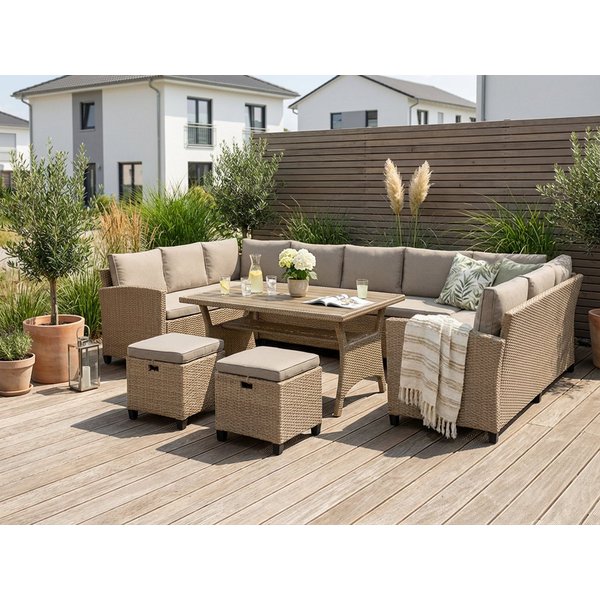 KONIFERA Gartenlounge-Set Rotterdam, (Set, 20-tlg., 3x 3er Sofa, 2x Hocker, 1x Tisch 120x82x67cm, inkl. Auflagen), Polyrattan, Stahl, Tischplatte aus Nonwood