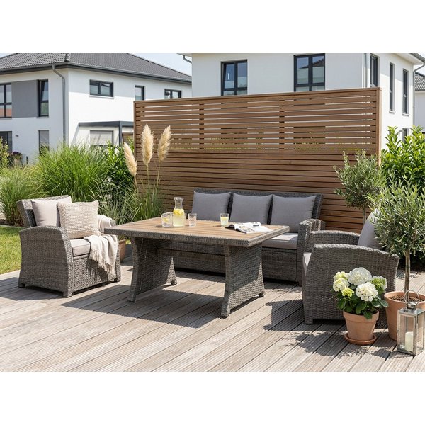 KONIFERA Gartenlounge-Set Siros, (Set, 12-tlg., 1x 3er Sofa, 2x Sessel, 1x Tisch 135x82x65cm, inkl. Auflagen), Polyrattan, Stahl, Tischplatte aus Nonwood, geeig