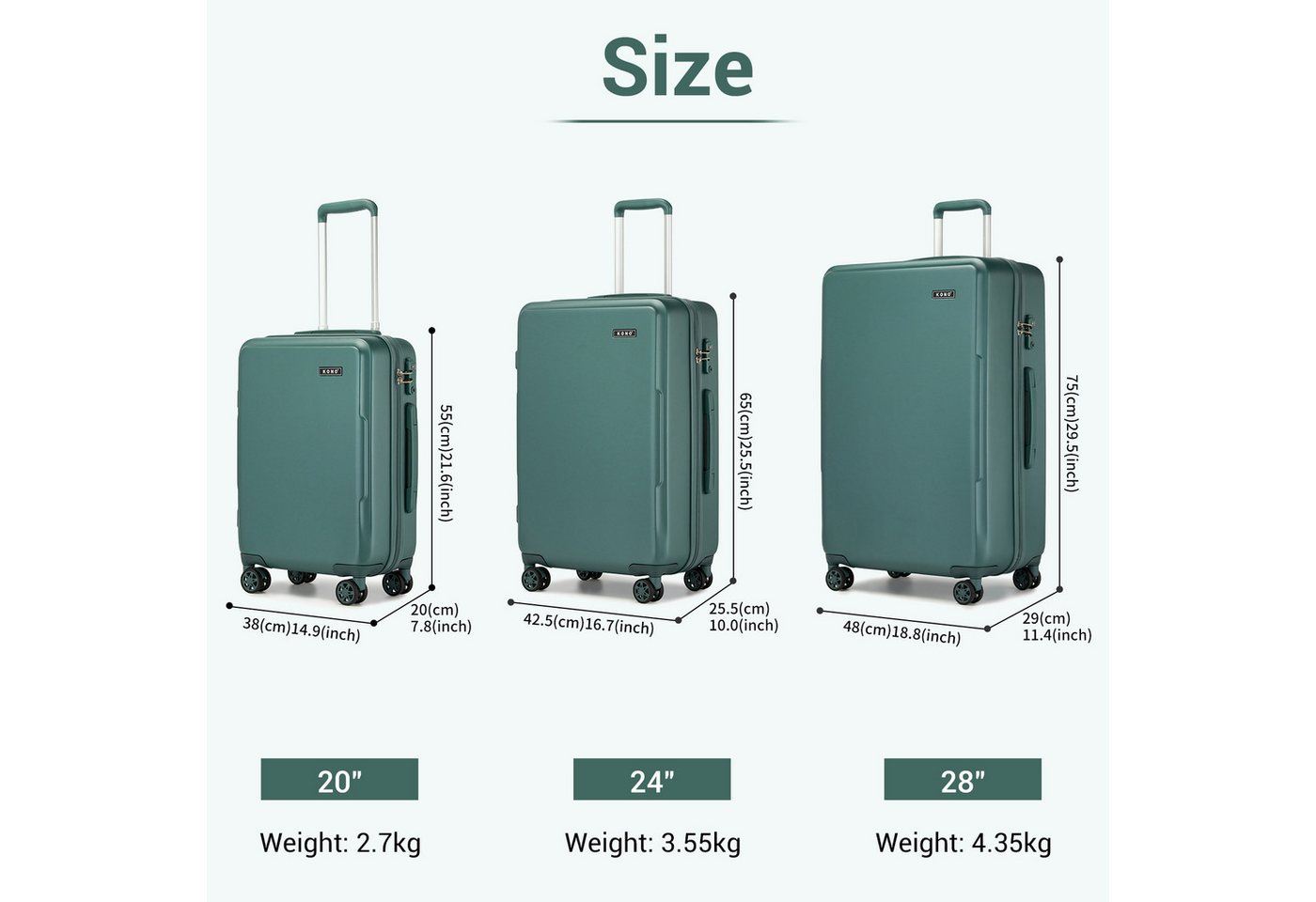 KONO Handgepäck-Trolley Koffer, PC + ABS Hartschale, TSA-Schloss, Doppel-Spinnräder – Bild 2 von 5