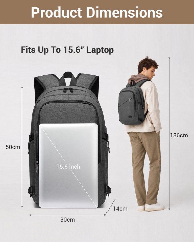 KONO Laptoprucksack, XL Laptop-Rucksack (50x30x14cm) + kleines Zahlenschloss – Bild 2 von 5