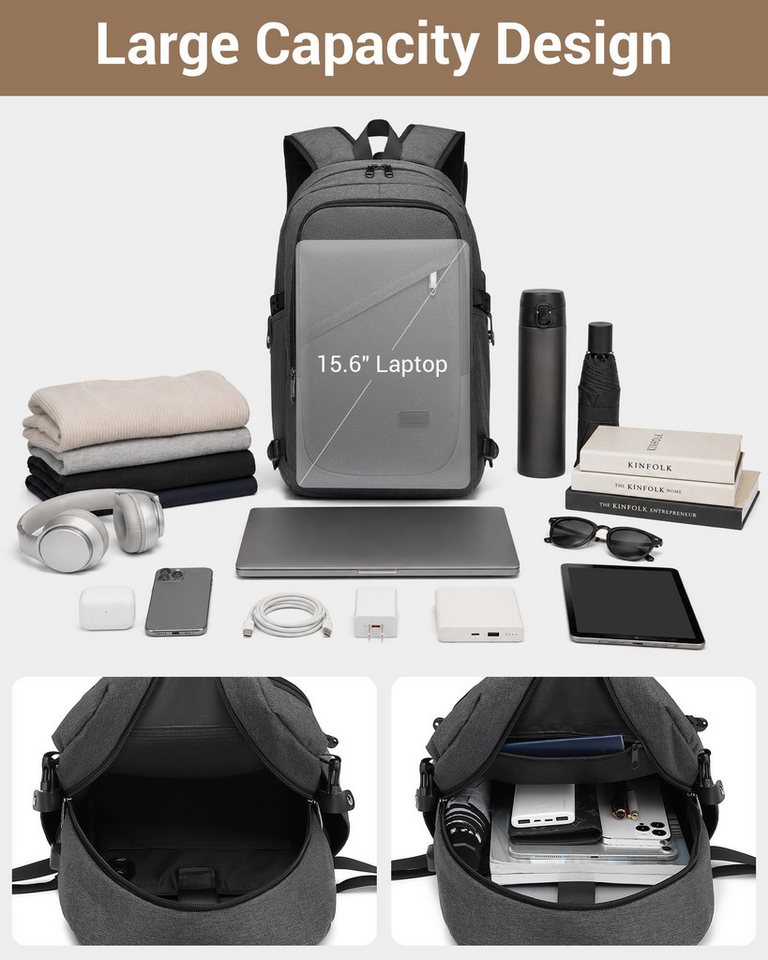 KONO Laptoprucksack, XL Laptop-Rucksack (50x30x14cm) + kleines Zahlenschloss – Bild 4 von 5