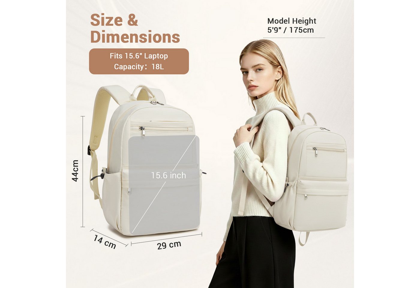 KONO Schulrucksack Laptop-Rucksack 15,6 Zoll, 18L, 44×29×14cm, leicht für Schule – Bild 2 von 5