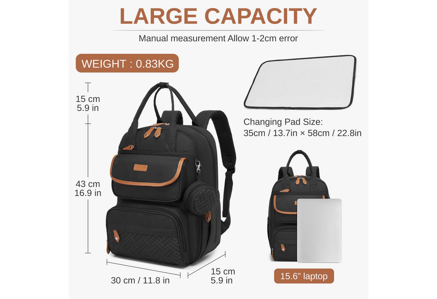 KONO Wickelrucksack, Multifunktionaler Babyrucksack mit Laptopfach – Bild 2 von 5