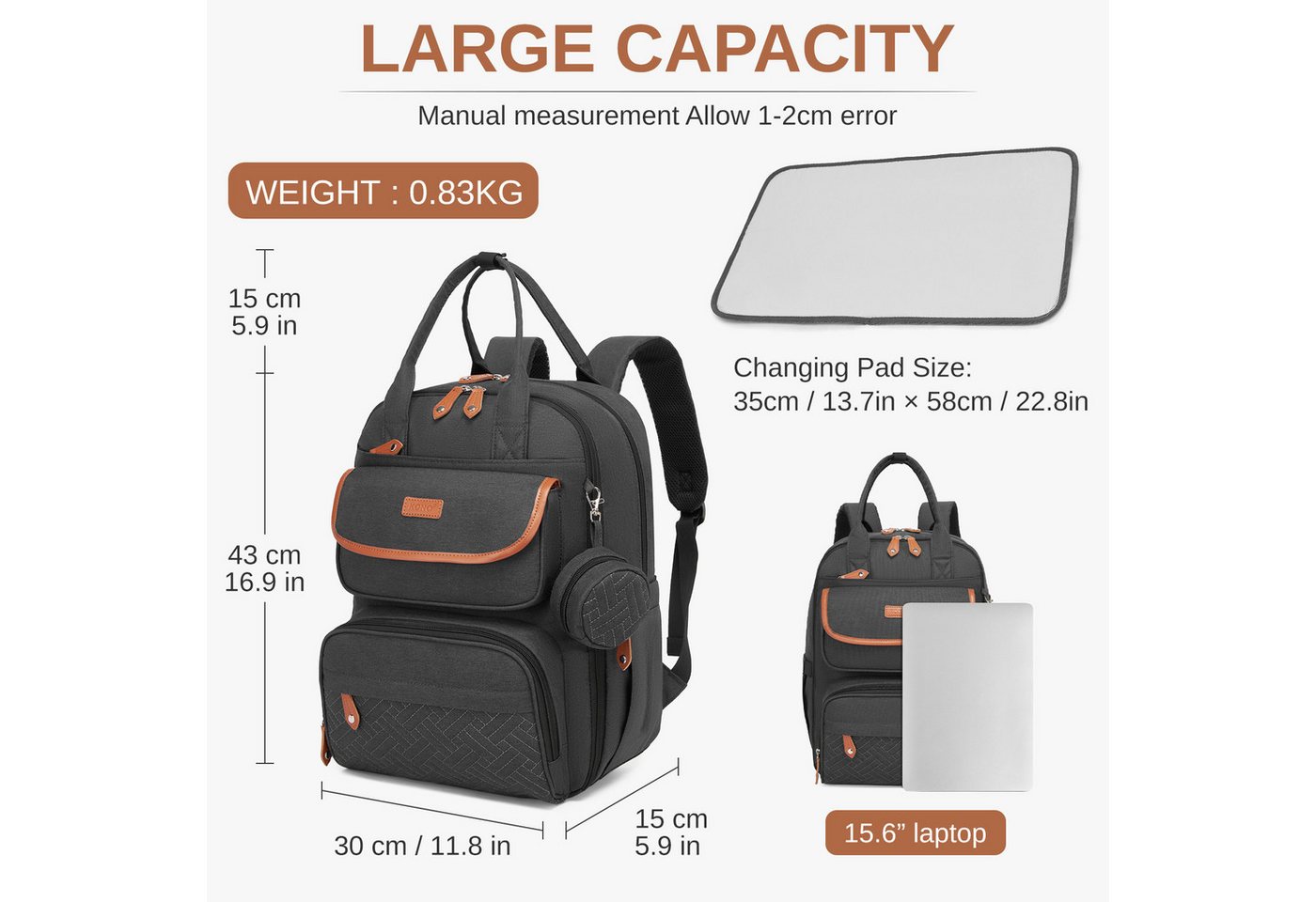 KONO Wickelrucksack, Multifunktionaler Babyrucksack mit Laptopfach – Bild 2 von 5