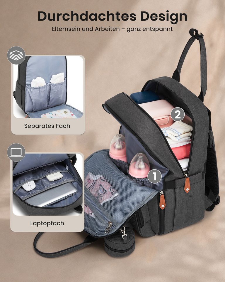 KONO Wickelrucksack, Multifunktionaler Babyrucksack mit Laptopfach – Bild 4 von 5
