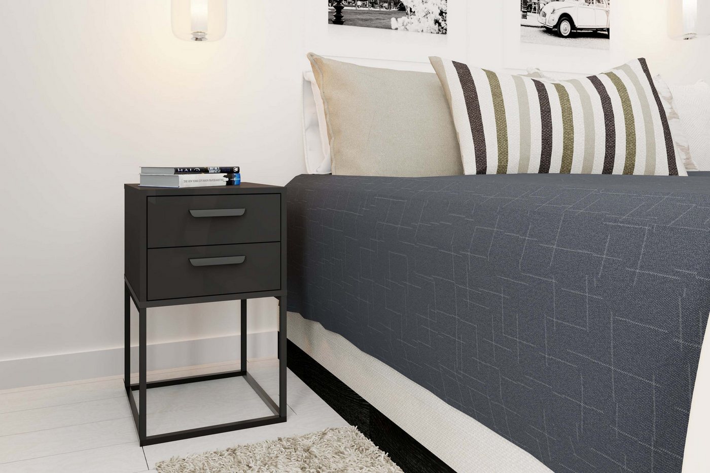 KONSIMO® Nachttisch RECTUS Nachtschrank, Modern, hergestellt in der EU, Beistelltisch (2-St), mit 2 Schubladen, schwarzer Metallrahmen, Kunststoffgriff – Bild 2 von 3