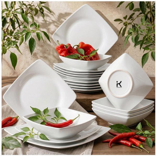 KONSIMO® Tafelservice EPIRI, Geschirrset 18-tlg, für 6 Personen, EU-Ware, Steinzeug (18-tlg), Keramik, quadratisch, Spülmachinen- und Mikrowellengeeignet