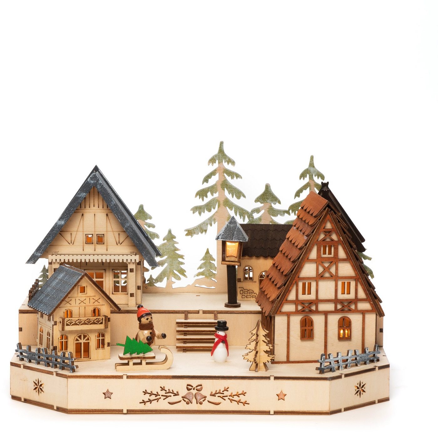KONSTSMIDE Weihnachtsdorf Weihnachtsdeko, LED Holzsilhouette, Dorf mit Schneemann, Kind und Schlitten – Bild 3 von 4
