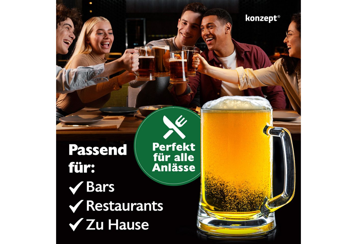 KONZEPT Bierkrug 0,5 liter, Biergläser mit Henkel, 4-tlg., Perfekt für Zuhause, Restaurants und Biergärten, spülmaschinenfest – Bild 5 von 5