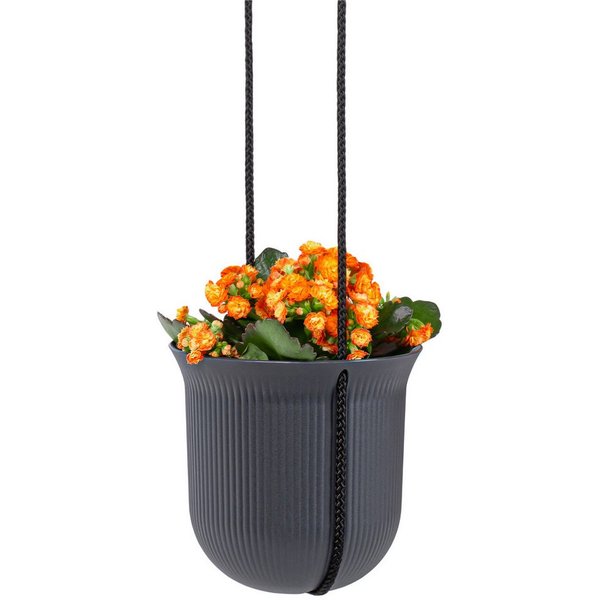 KONZEPT Blumenampel hängend, Ø 18 cm, 3-in-1 Set mit Topf, Halterung und Schnur, Rippen-Look, Aus Kunststoff, Wetter- & UV-beständig, Leicht