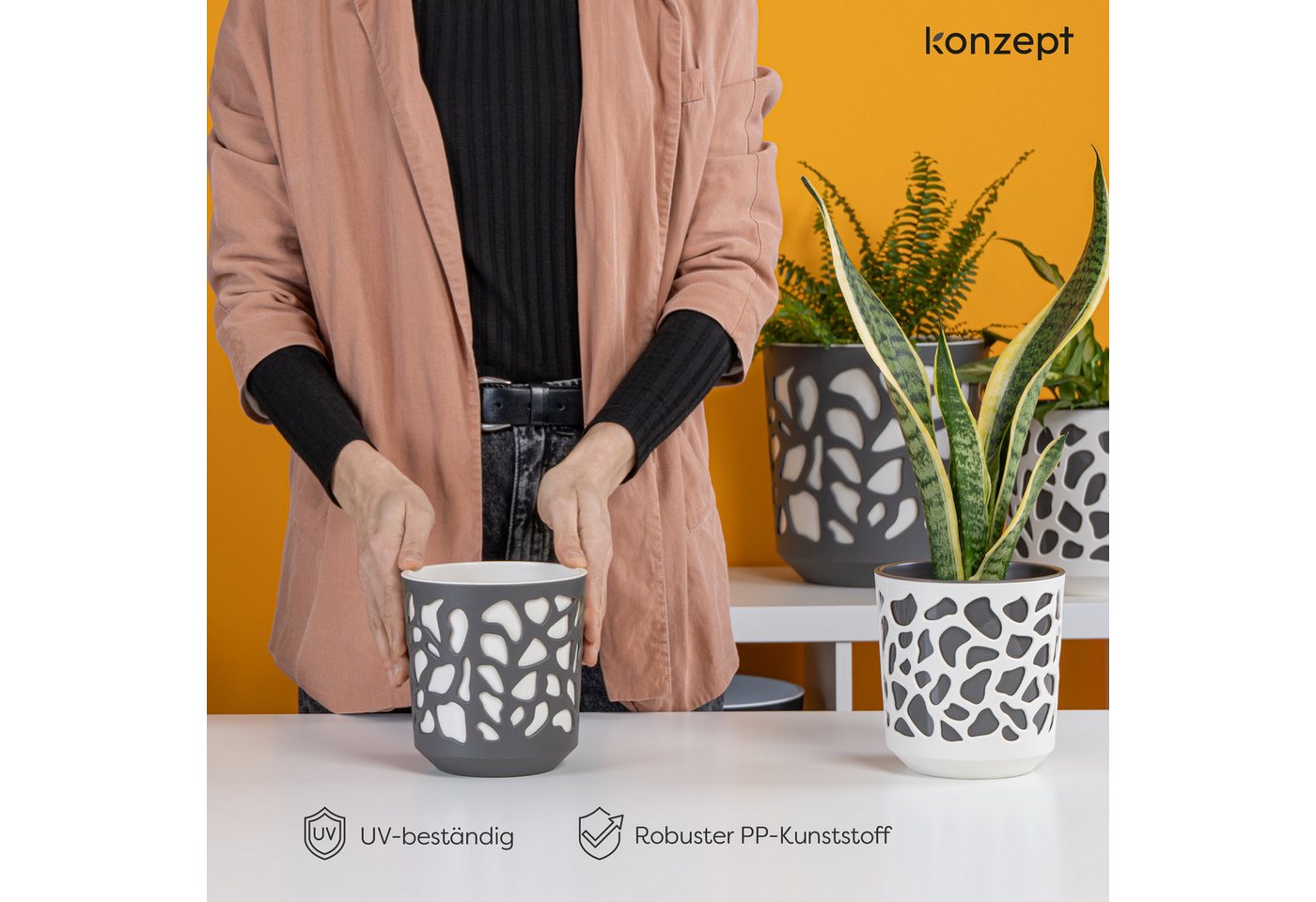 KONZEPT Blumentopf 3er Set Blumentopf klein, Übertopf Ø 14cm, Pflanzentopf für Zimmerpflanzen aus Plastik – Bild 3 von 5