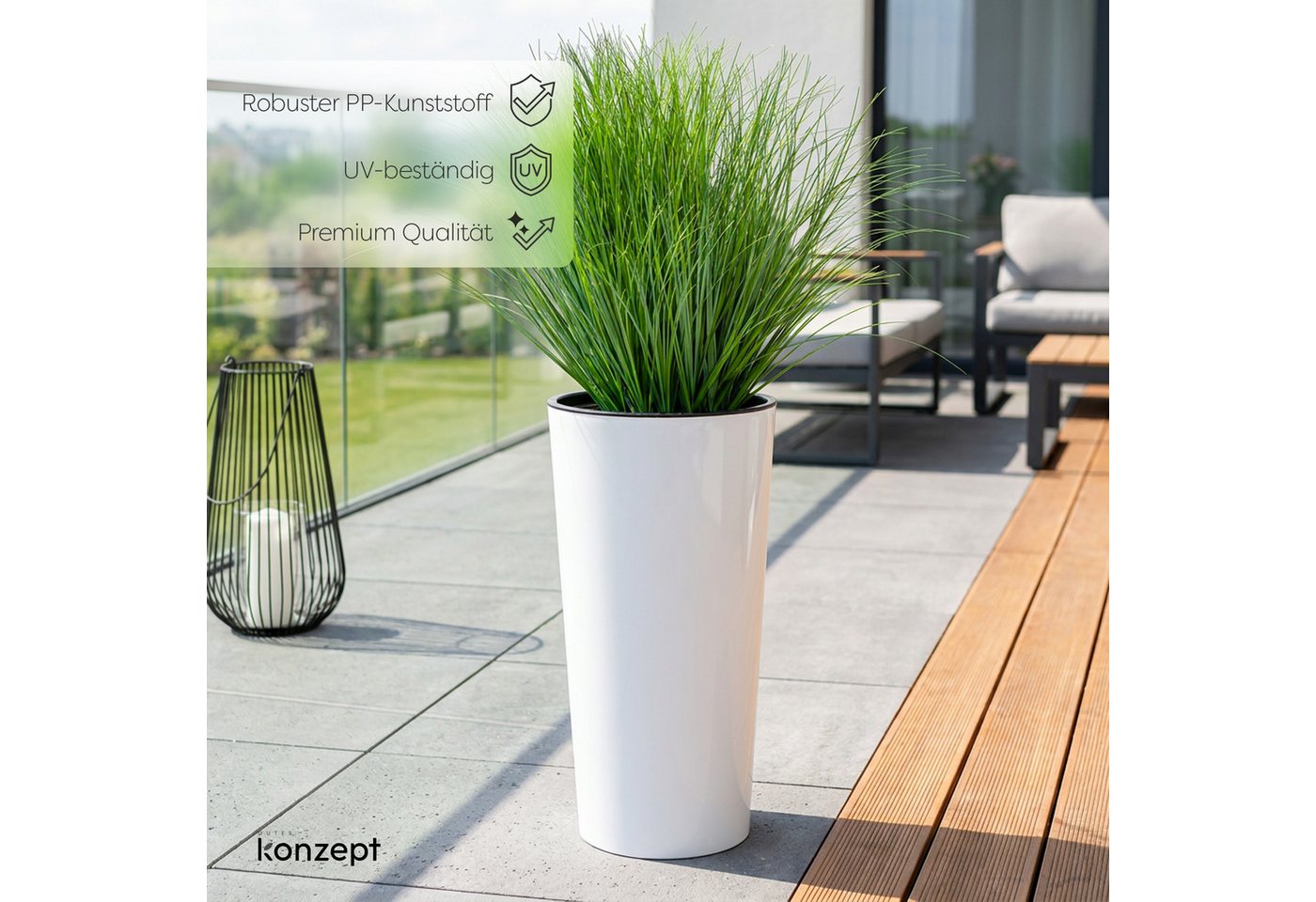 KONZEPT Blumentopf aus Kunststoff, Hochglanz-Oberfläche,hoch 57 cm, Ø 29,5 cm, Einsatz mit Griffen, Indoor, Outdoor, UV- & frostbeständig – Bild 5 von 5