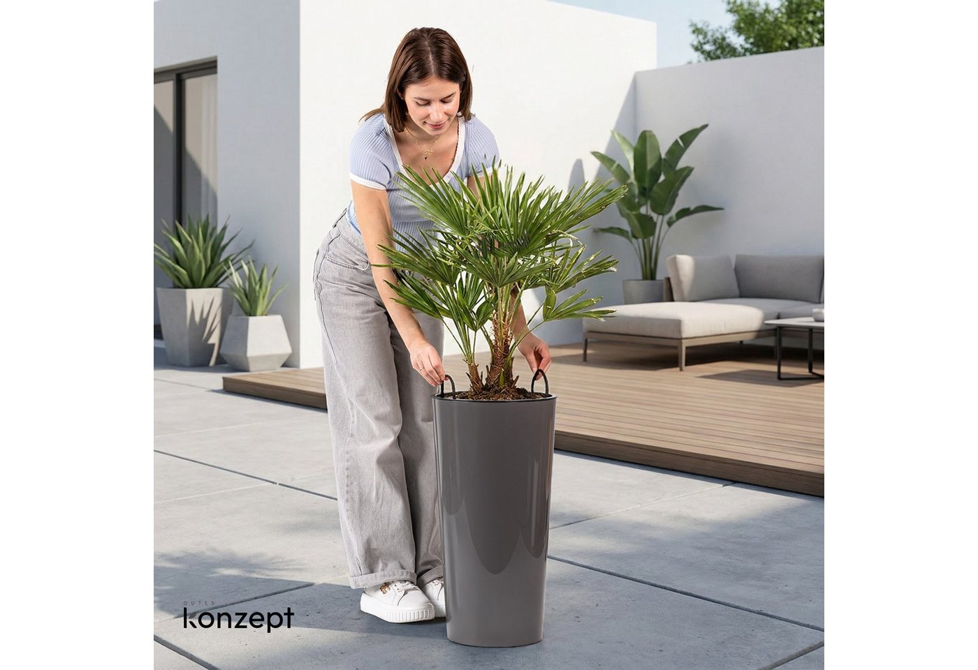 KONZEPT Blumentopf aus Kunststoff, Hochglanz-Oberfläche,hoch 57 cm, Ø 29,5 cm, Einsatz mit Griffen, Indoor, Outdoor, UV- & frostbeständig – Bild 2 von 5