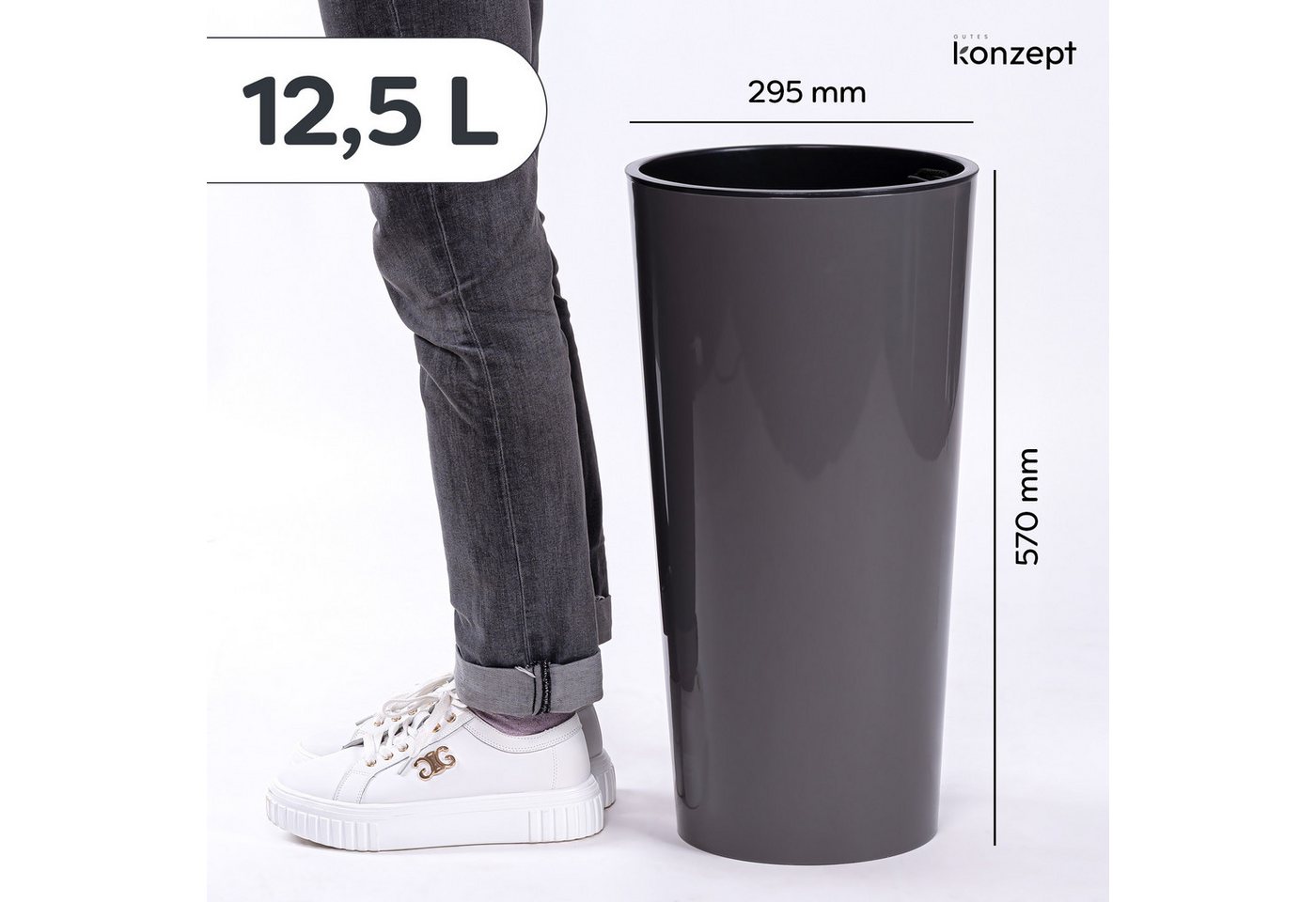 KONZEPT Blumentopf aus Kunststoff, Hochglanz-Oberfläche,hoch 57 cm, Ø 29,5 cm, Einsatz mit Griffen, Indoor, Outdoor, UV- & frostbeständig – Bild 3 von 5