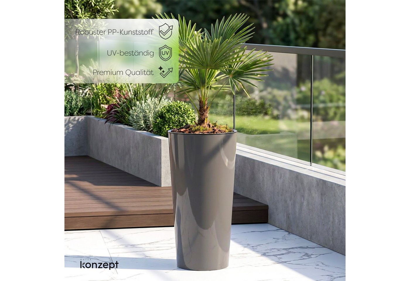 KONZEPT Blumentopf aus Kunststoff, Hochglanz-Oberfläche,hoch 57 cm, Ø 29,5 cm, Einsatz mit Griffen, Indoor, Outdoor, UV- & frostbeständig – Bild 5 von 5