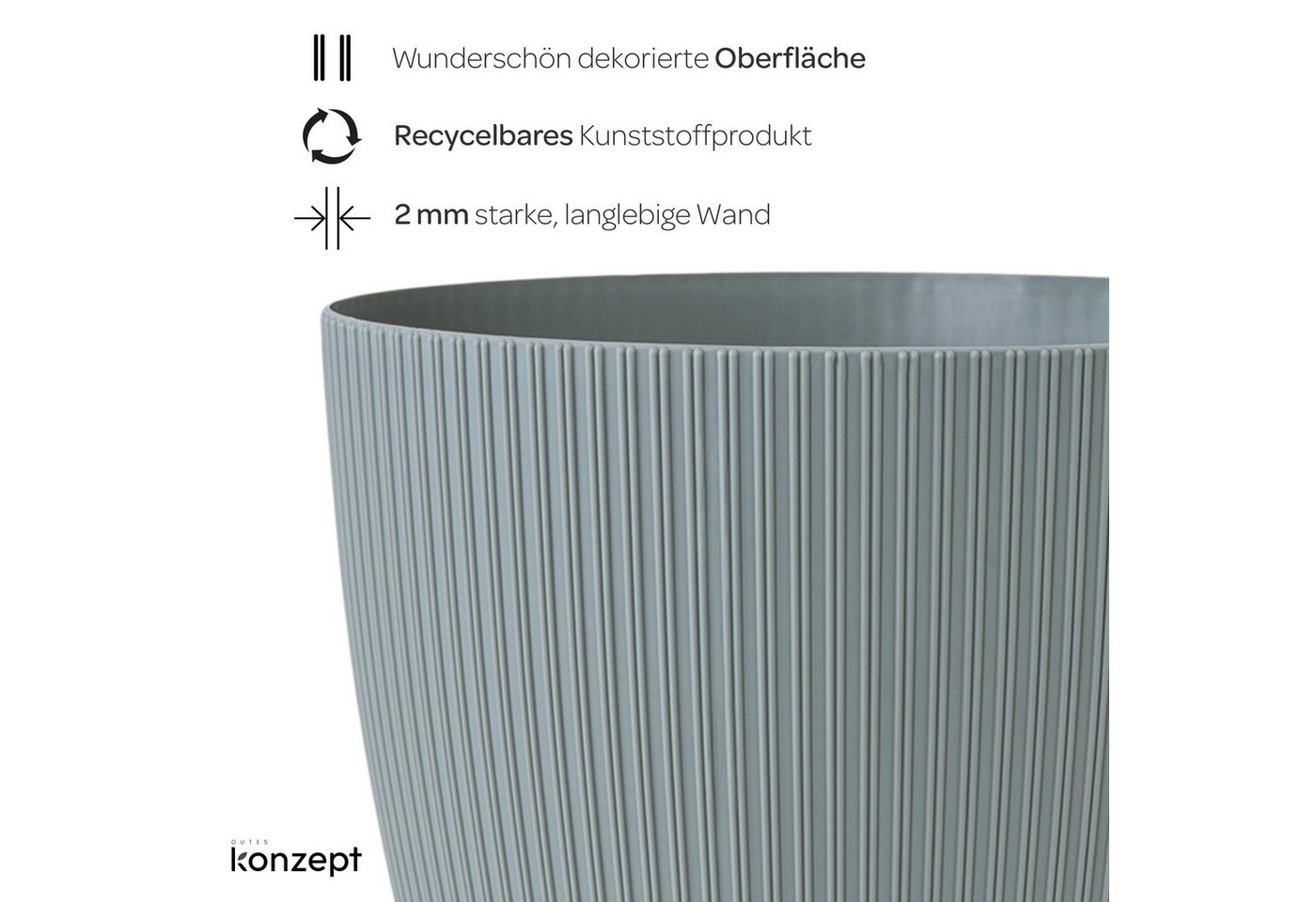 KONZEPT Blumentopf groß, gerillte Struktur 26/30cm, Übertöpfe für Zimmerpflanzen, aus Kunststoff ideal für Wohnzimmer, Küche und Balkon – Bild 5 von 5
