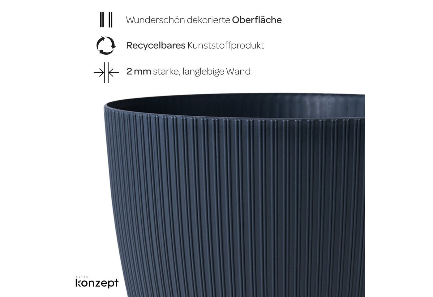 KONZEPT Blumentopf groß, gerillte Struktur 26/30cm, Übertöpfe für Zimmerpflanzen, aus Kunststoff ideal für Wohnzimmer, Küche und Balkon – Bild 5 von 5
