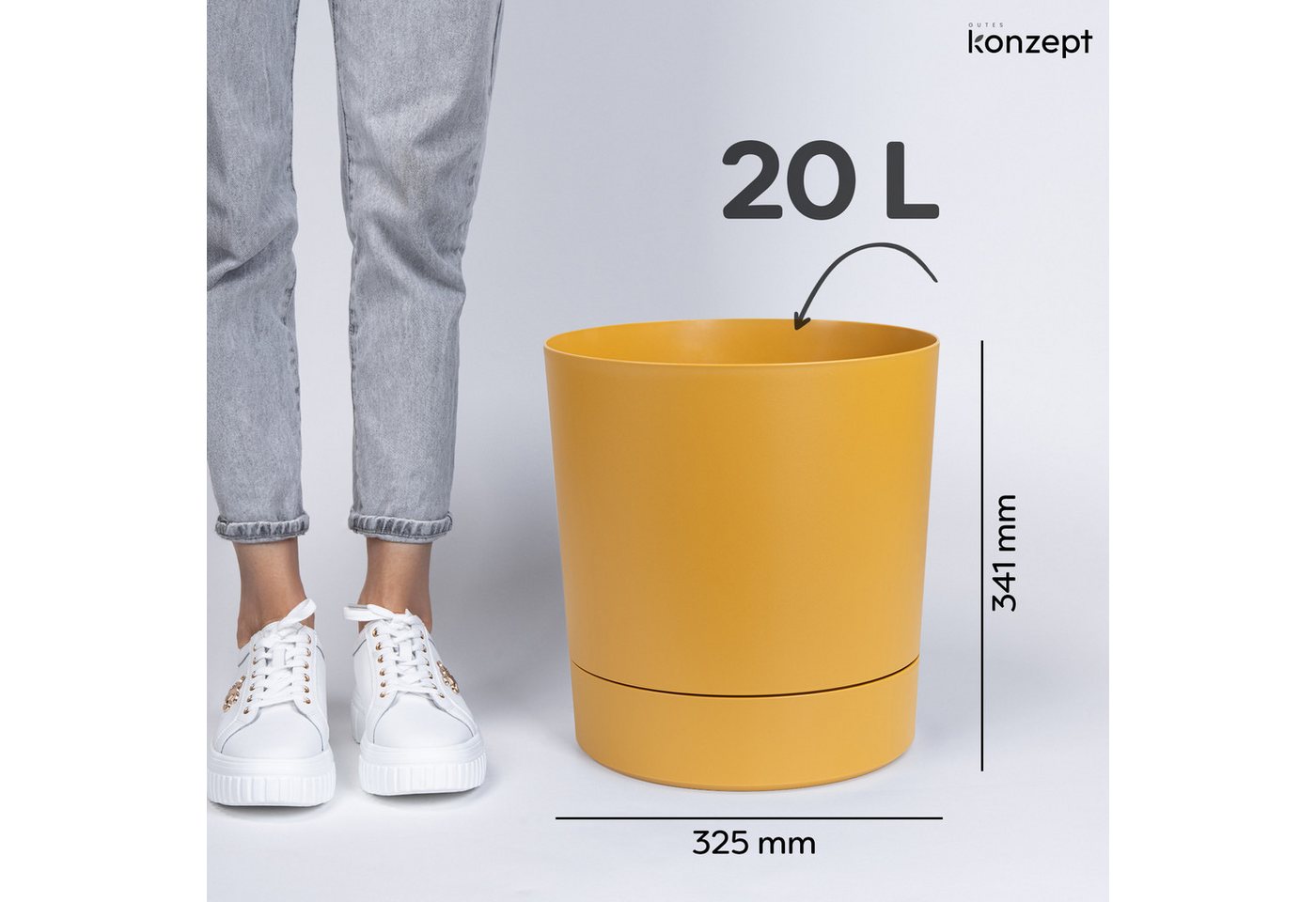 KONZEPT Blumentopf mit Untersetzer, großer Übertopf aus Kunststoff für Zimmerpflanzen (32,5 cm (20 Liter), modern und wetterfest, für Innen und Außen – Bild 2 von 5