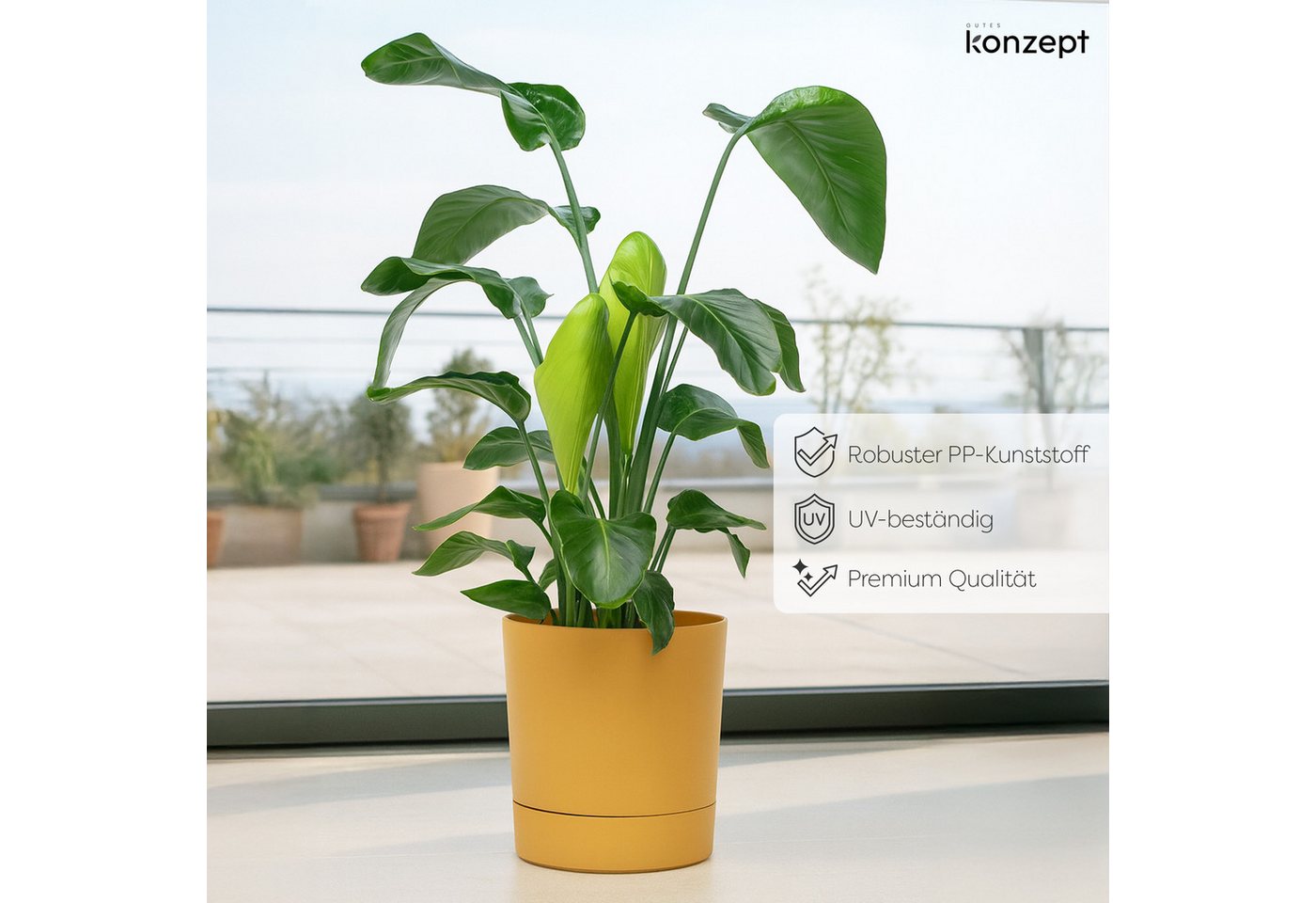KONZEPT Blumentopf mit Untersetzer, großer Übertopf aus Kunststoff für Zimmerpflanzen (32,5 cm (20 Liter), modern und wetterfest, für Innen und Außen – Bild 4 von 5