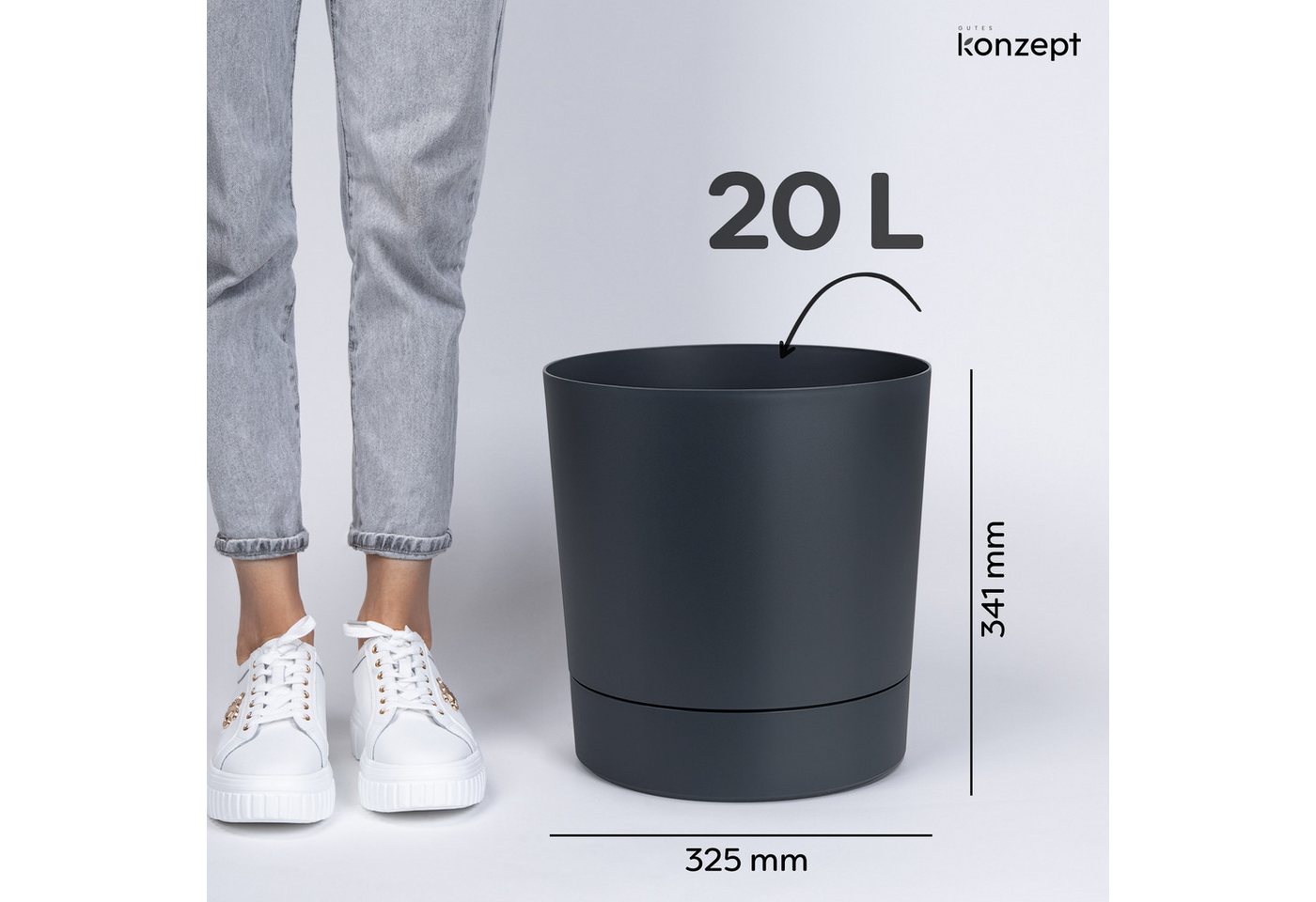 KONZEPT Blumentopf mit Untersetzer, großer Übertopf aus Kunststoff für Zimmerpflanzen (32,5 cm (20 Liter), modern und wetterfest, für Innen und Außen – Bild 2 von 5
