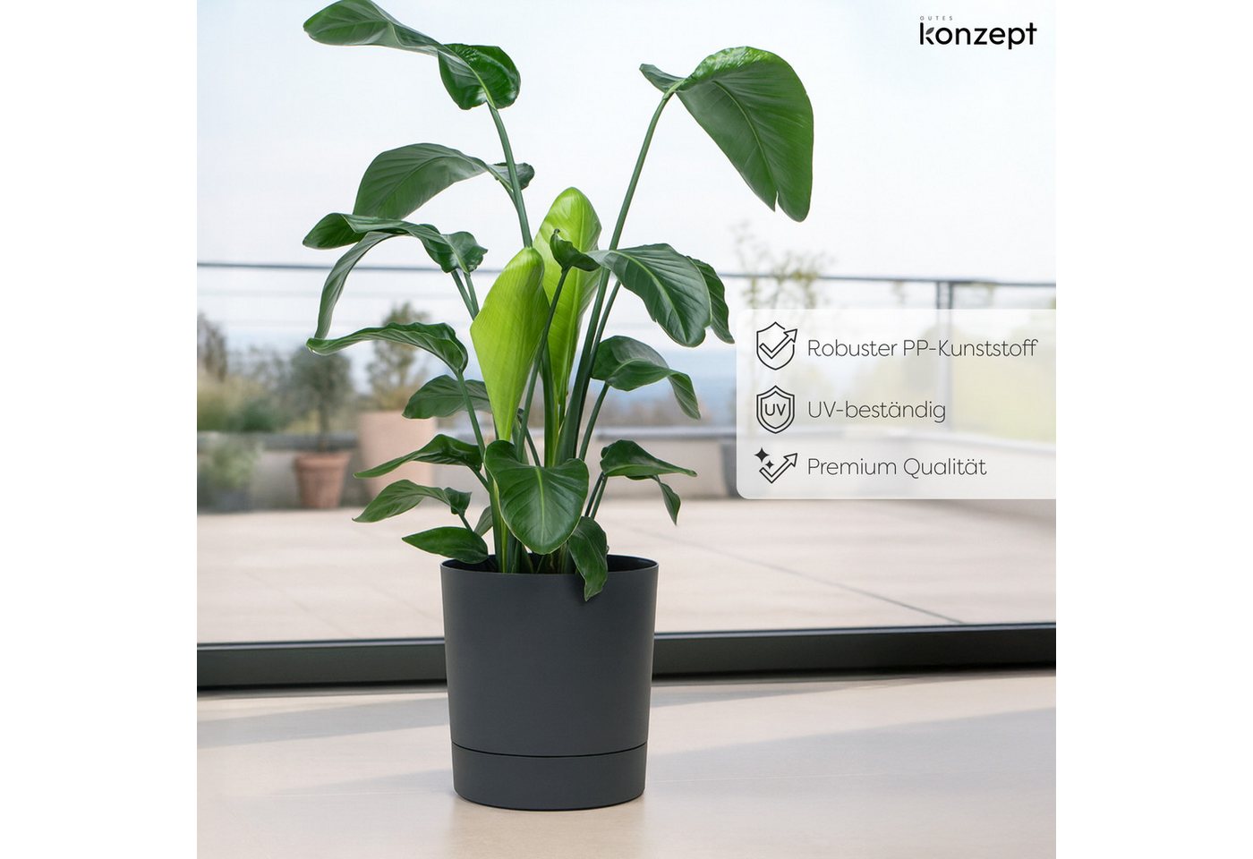 KONZEPT Blumentopf mit Untersetzer, großer Übertopf aus Kunststoff für Zimmerpflanzen (32,5 cm (20 Liter), modern und wetterfest, für Innen und Außen – Bild 4 von 5