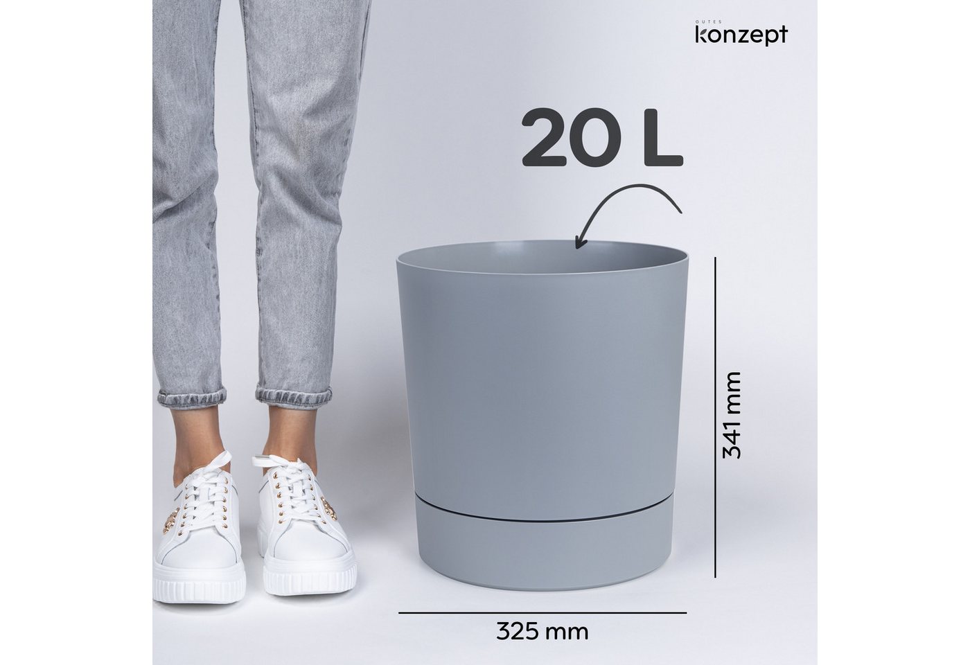 KONZEPT Blumentopf mit Untersetzer, großer Übertopf aus Kunststoff für Zimmerpflanzen (32,5 cm (20 Liter), modern und wetterfest, für Innen und Außen – Bild 2 von 5