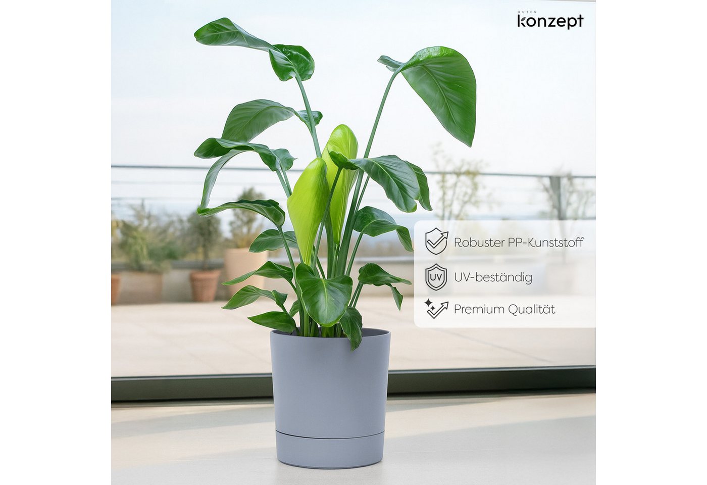 KONZEPT Blumentopf mit Untersetzer, großer Übertopf aus Kunststoff für Zimmerpflanzen (32,5 cm (20 Liter), modern und wetterfest, für Innen und Außen – Bild 4 von 5