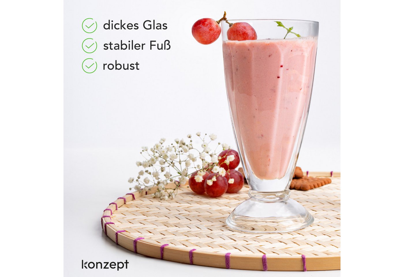 KONZEPT Cocktailglas mit Stiel 300ml, Gläser für Smoothie, Milchshake und Dessert, 6-tlg., spülmaschinengeeignet – Bild 3 von 5
