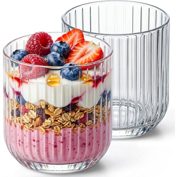 KONZEPT Dessertschale Set 300 ml aus geripptem Glas – elegant, liegen perfekt in der Hand, (12-tlg), perfekt für Tiramisu, Panna Cotta, Joghurt-Müsli und Schich