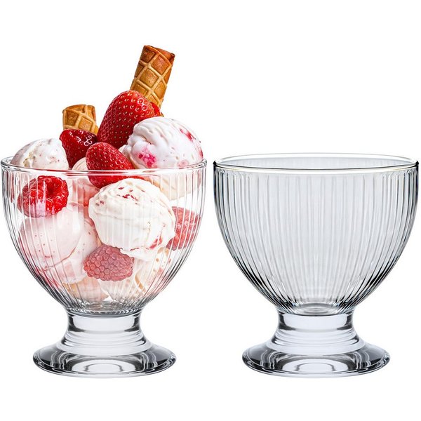 KONZEPT Eisschale Eisbecher Glas Set, Glasschale mit Fuß 405 ml, Glas Geriffelt für Eis, (8-tlg), Perfekt für Schichtdessert, Candy Bar Zubehör